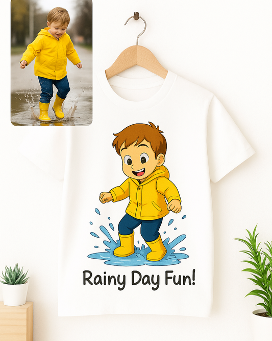 Wall decal of a child in a yellow raincoat and boots with 'Rainy Day Fun!' text, on a white wall.